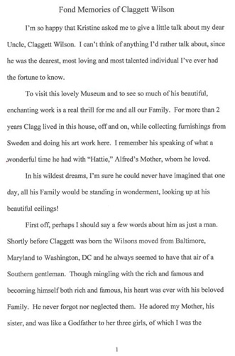 Transcript of the address given at Ten Chimneys by Helen W. R. Eckel (Claggett Wilson's niece), October 21, 2006